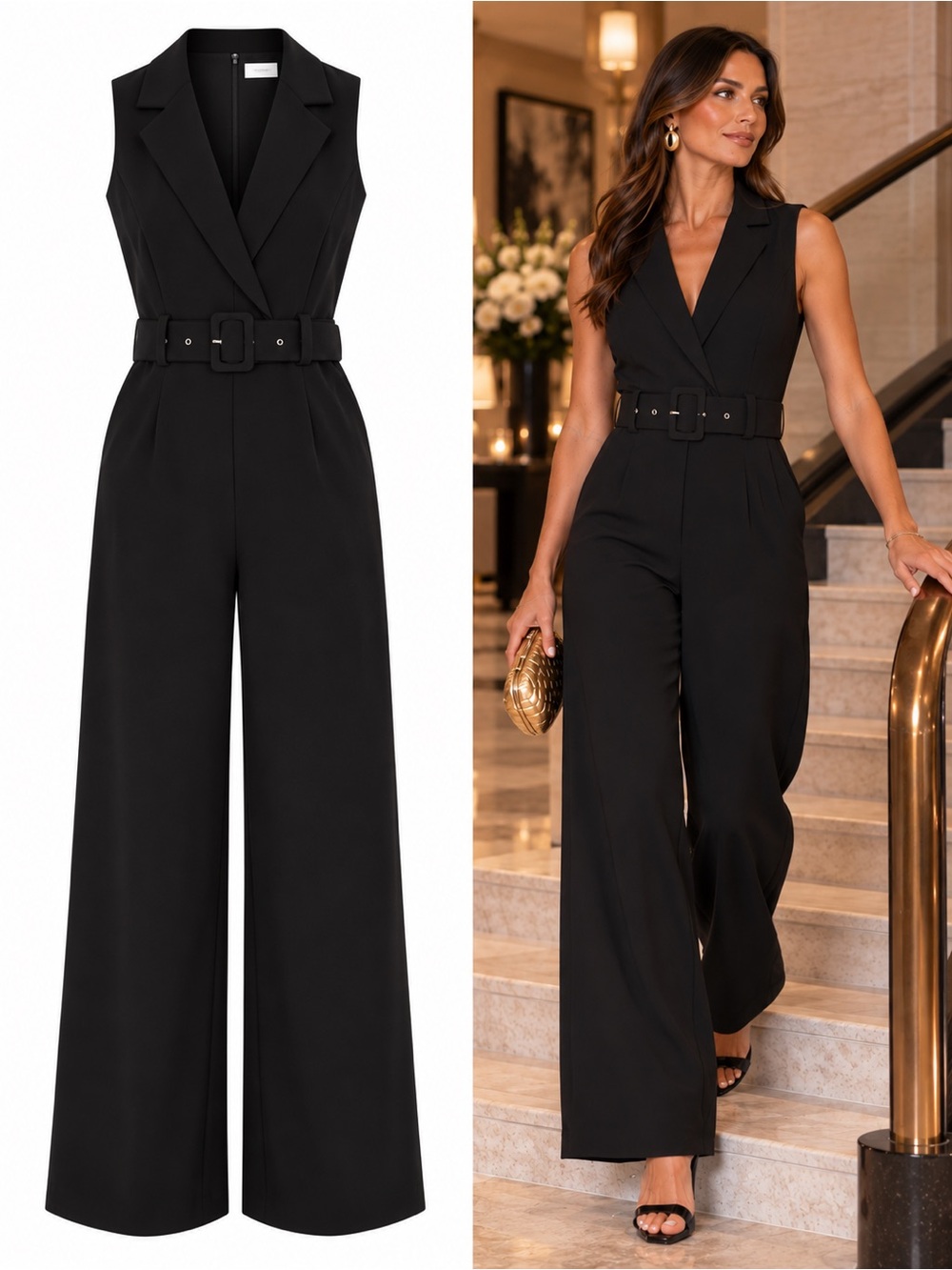 Petal & Pup Sienna Black Belted Wide Leg Tuxedo Jumpsuit NWT Size Medium